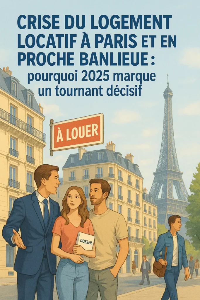 Un agent immobilier présente un appartement à louer à un jeune couple dans une rue parisienne, avec la Tour Eiffel en arrière-plan et des immeubles haussmanniens. Le titre de l’article s’affiche en haut de l’image : "Crise du logement locatif à Paris et en proche banlieue : pourquoi 2025 marque un tournant décisif"