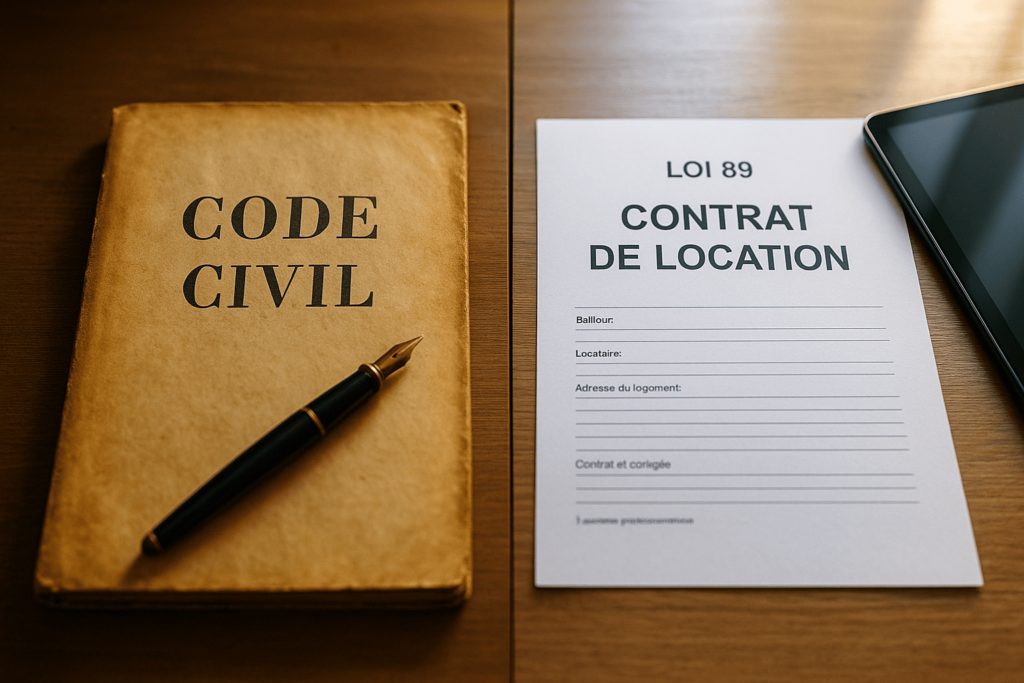 Document ancien "Code civil" avec un stylo plume à gauche, et contrat moderne "LOI 89 Contrat de location" à droite, posés sur un bureau en bois, éclairés par la lumière du jour.